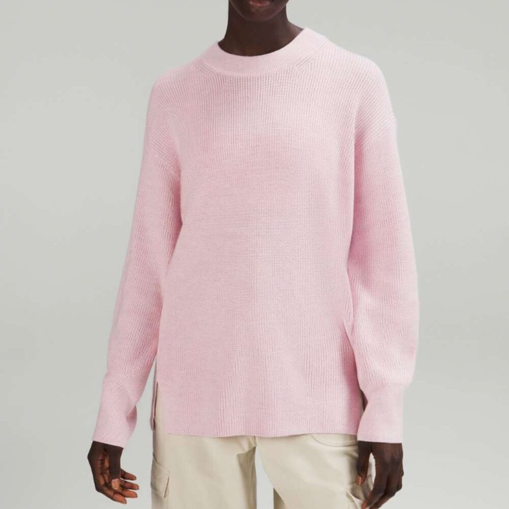 Lululemon's Merino Wool-Blend Ribbed Crewneck Sweater in Heathered Pink Peony